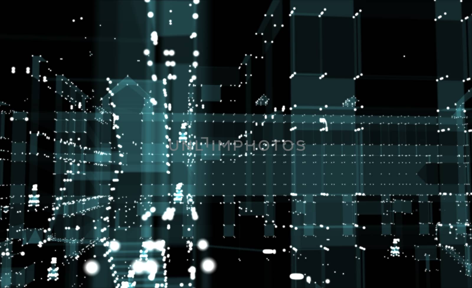 Abstract 3D rendered city of lines and dots with depth of field. Skyscrapers and roads on the streets of the city. The concept of the digital world. 3d illustration on a black background