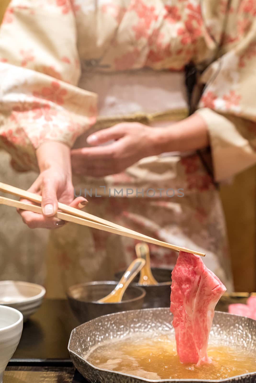 matsusaka beef A5 Wagyu Beef Shabu shabu with steam, Groumet Japanese hot pot cuisine