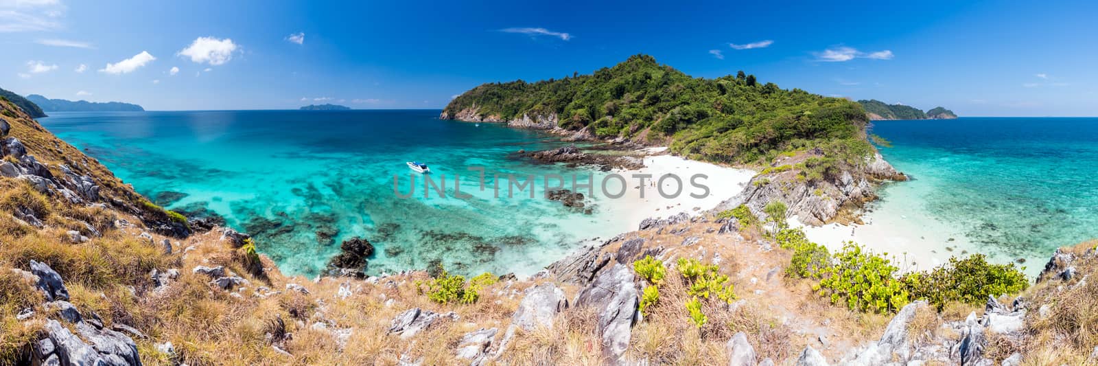 Panorama Aerial View point of Tropical white sand beach and snorkel point at cockburn island andaman sea indian ocean Myanmar and Thailand.
