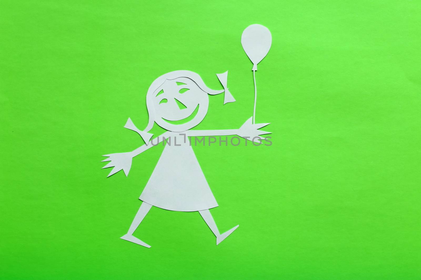 background of colored cardboard. the girl is made of white paper. in the style of a funny cartoon.