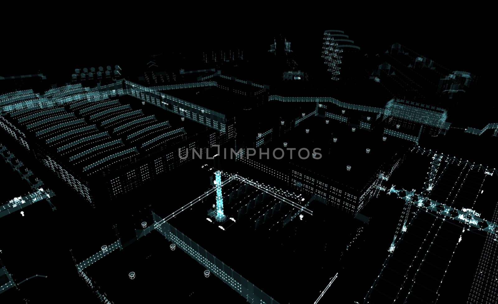 Abstract 3D rendered city of lines and dots with depth of field. Skyscrapers and roads on the streets of the city. The concept of the digital world. 3d illustration on a black background