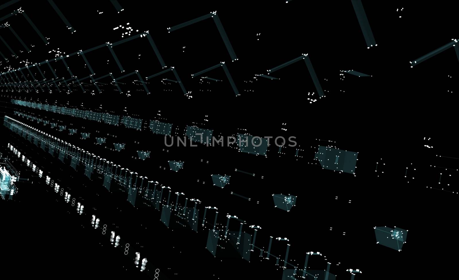 Abstract 3D rendered factory of lines and dots with depth of field. Skyscrapers and roads on the streets of the city. The concept of the digital world. 3d illustration on a black background