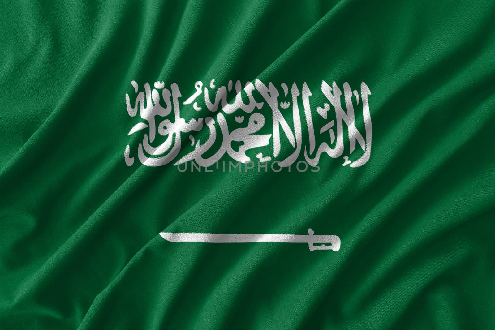 Saudi Arabia flag painting on high detail of wave cotton fabrics . 3D illustration .