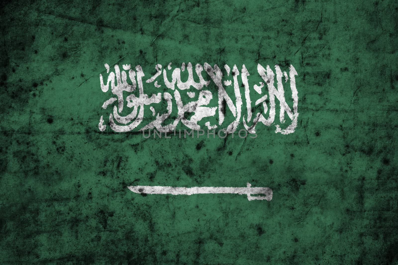 Saudi Arabia flag with high detail of old dirty crumpled paper . 3D illustration .