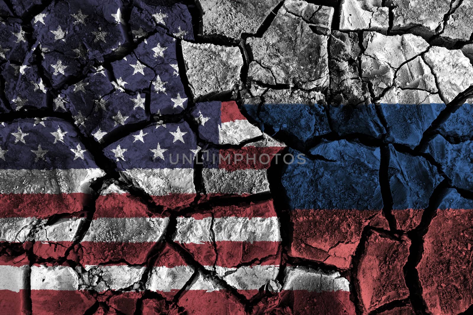 America and Russia flag on cracked ground . Confliction and crisis concept .