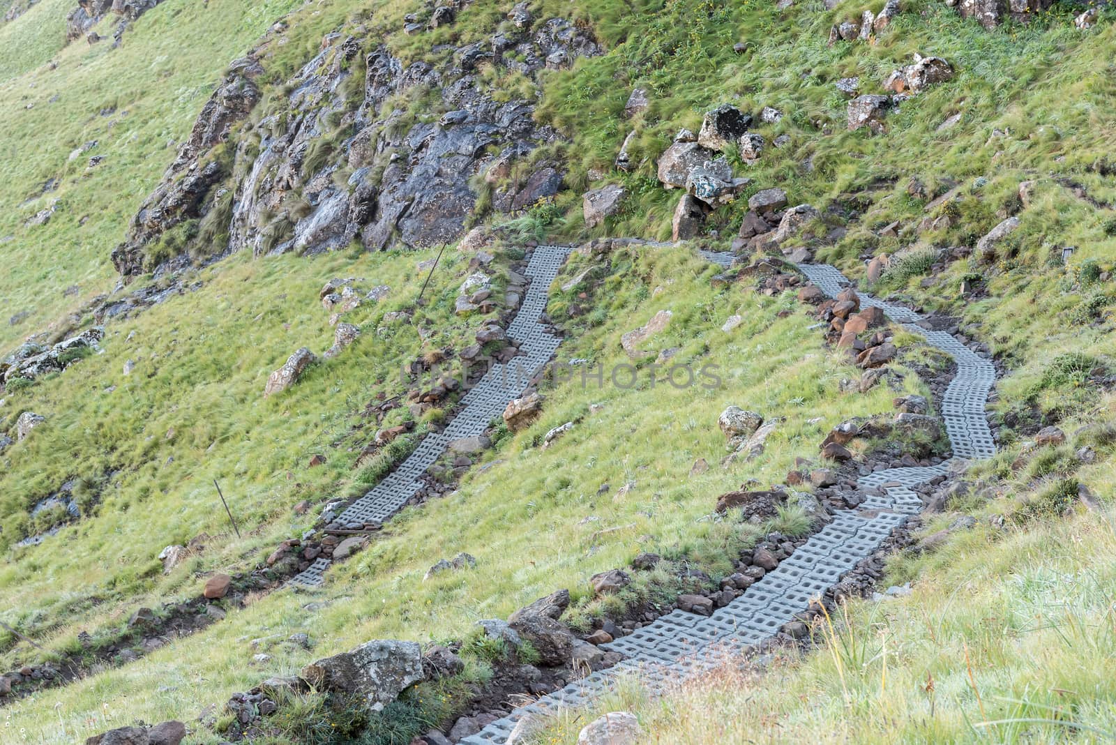 The Sentinel Trail to the Tugela Falls in the Drakensberg. Concrete blocks are being laid on part of the trail to prevent erosion