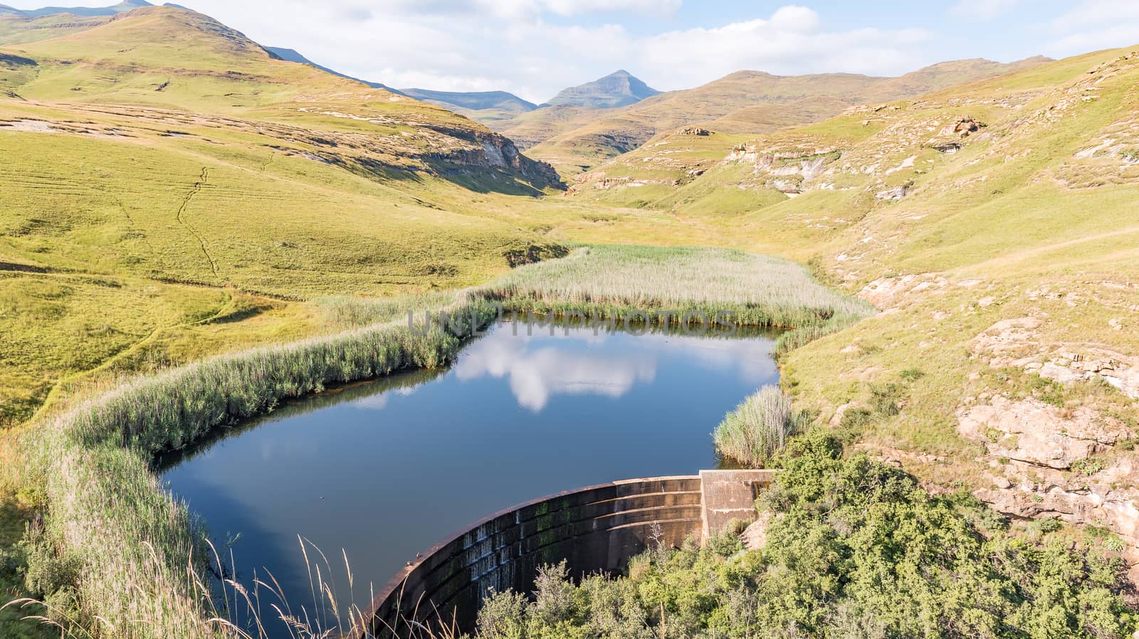 Langtoon dam in Golden Gate in the Free State Province of South Africa. The Maluti Mountains are in the back