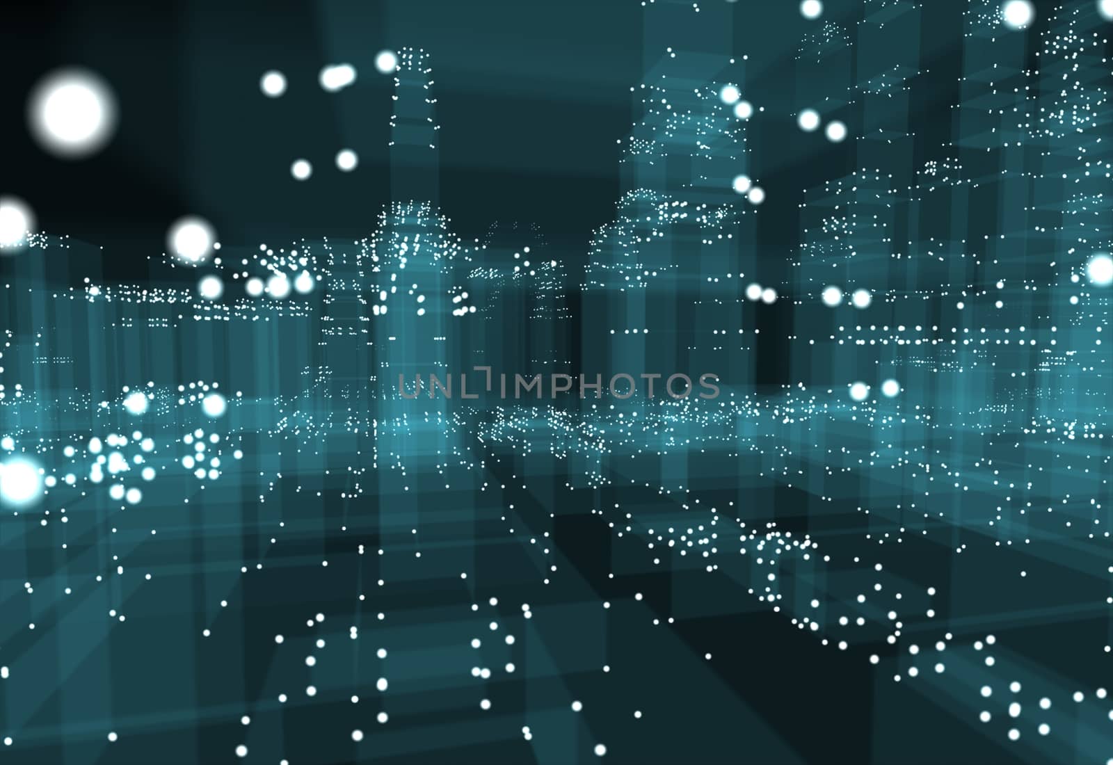 Abstract 3d city with dots and blue buildings. Technology and connection concept. 3d illustration on black background