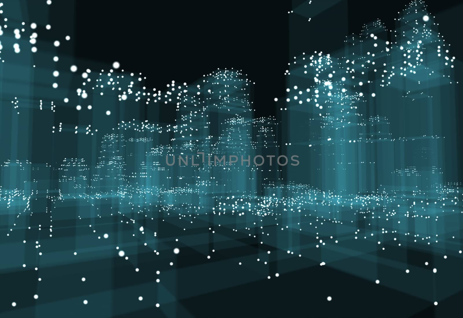 Abstract 3d city with dots and blue buildings. Technology and connection concept. 3d illustration on black background