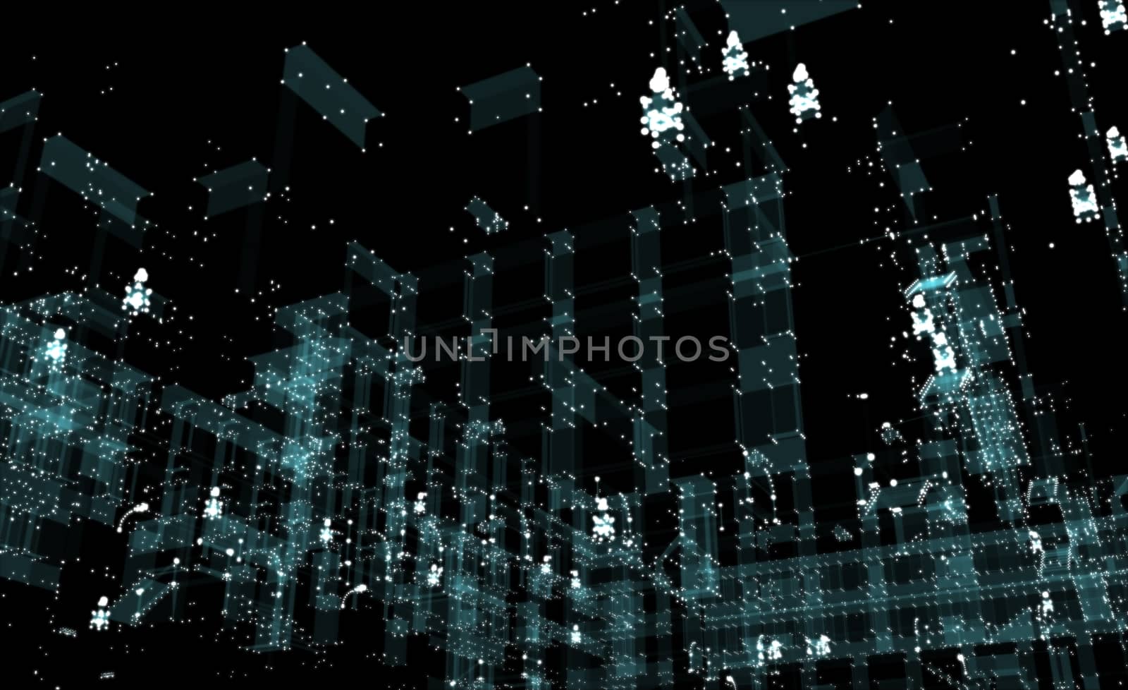 Abstract 3D rendered city of lines and dots with depth of field. Skyscrapers and roads on the streets of the city. The concept of the digital world. 3d illustration on a black background