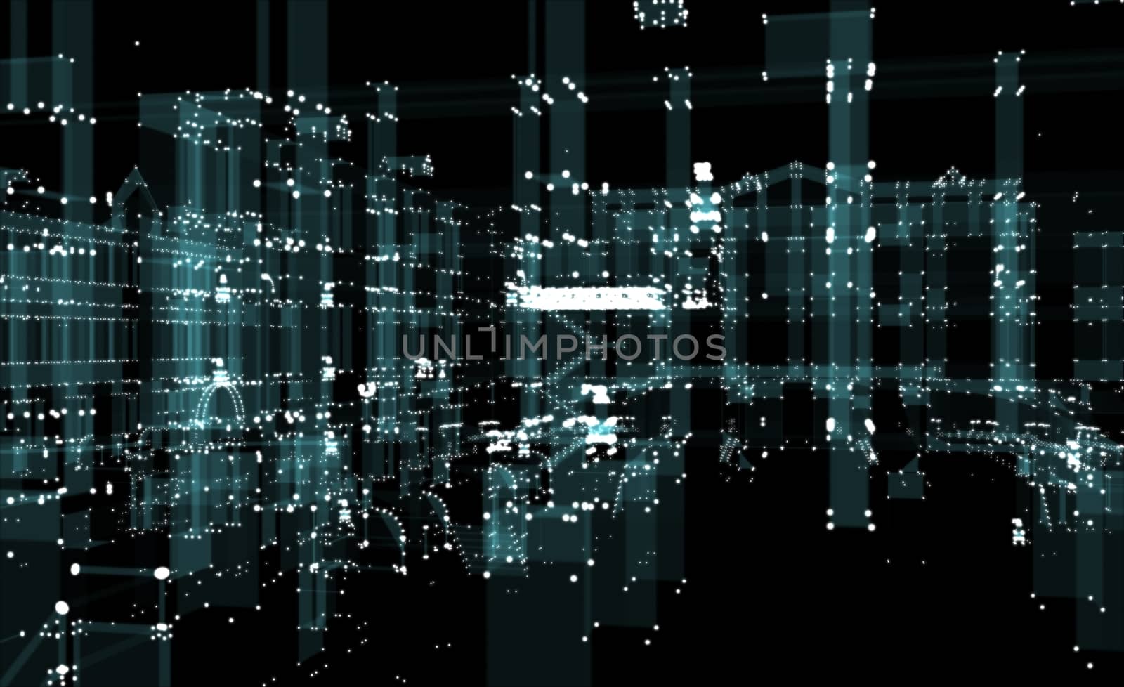 Abstract 3D rendered city of lines and dots with depth of field. Skyscrapers and roads on the streets of the city. The concept of the digital world. 3d illustration on a black background