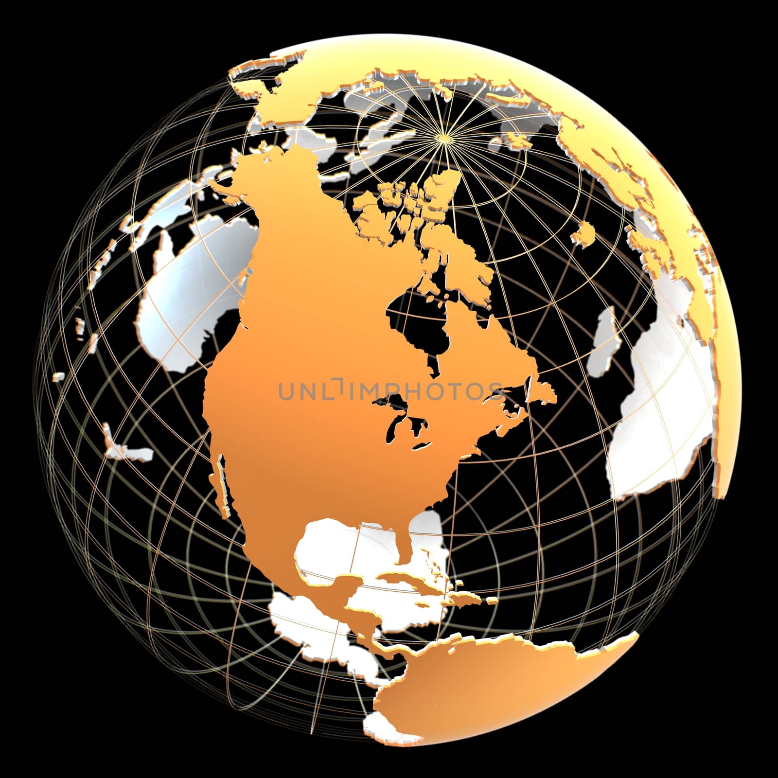 3d globe with continents and meridian lines. Orange and metallic colors. 3d illustration on a black background