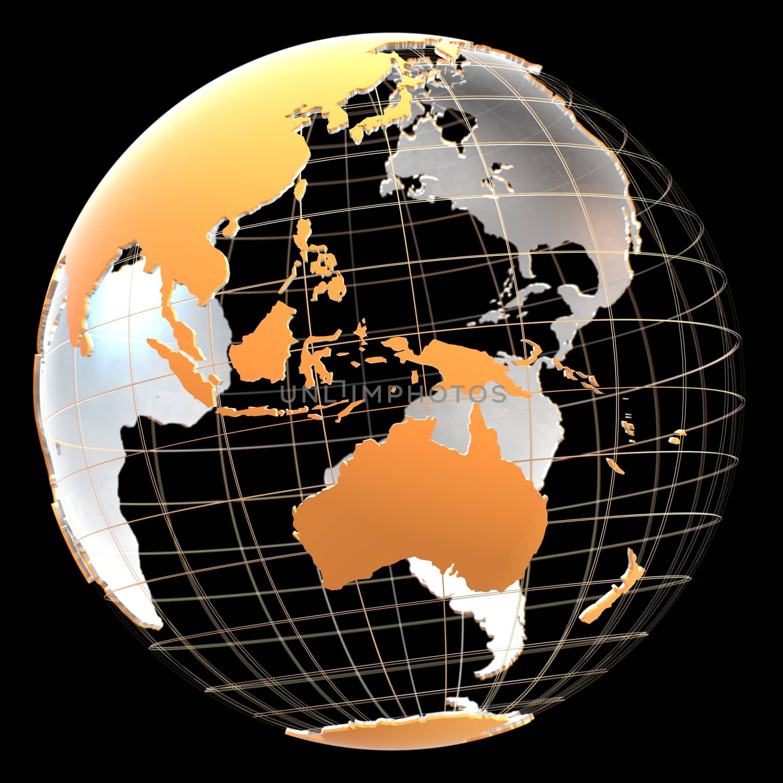 3d globe with continents and meridian lines. Orange and metallic colors. 3d illustration on a black background