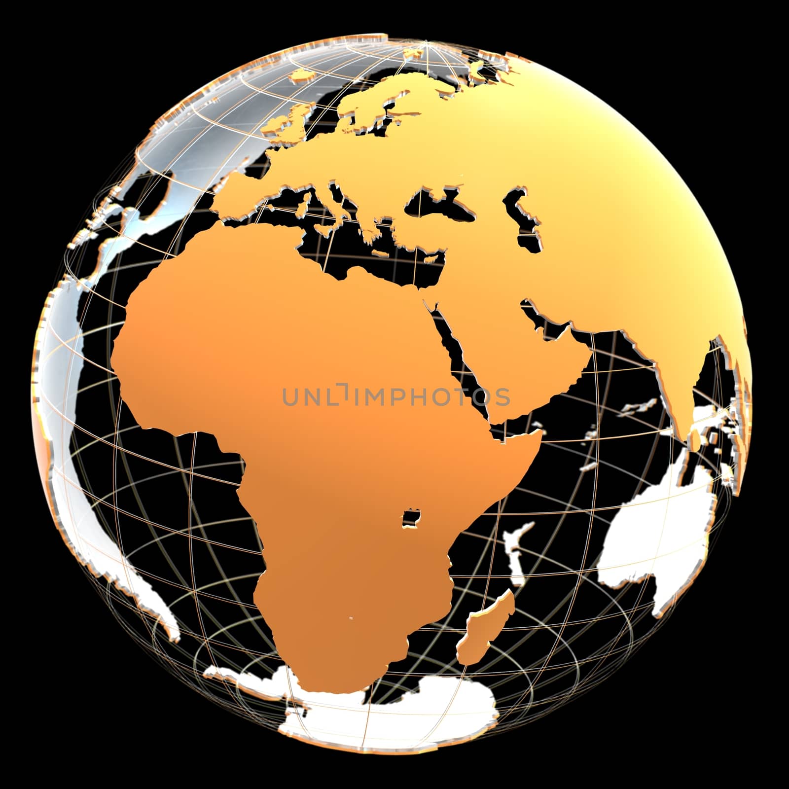 3d globe with continents and meridian lines. Orange and metallic colors. 3d illustration on a black background