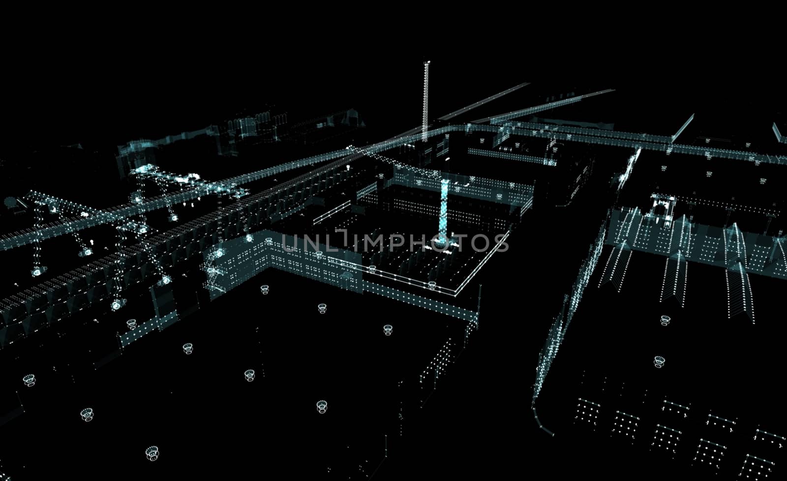 Abstract 3D rendered city of lines and dots with depth of field. Skyscrapers and roads on the streets of the city. The concept of the digital world. 3d illustration on a black background