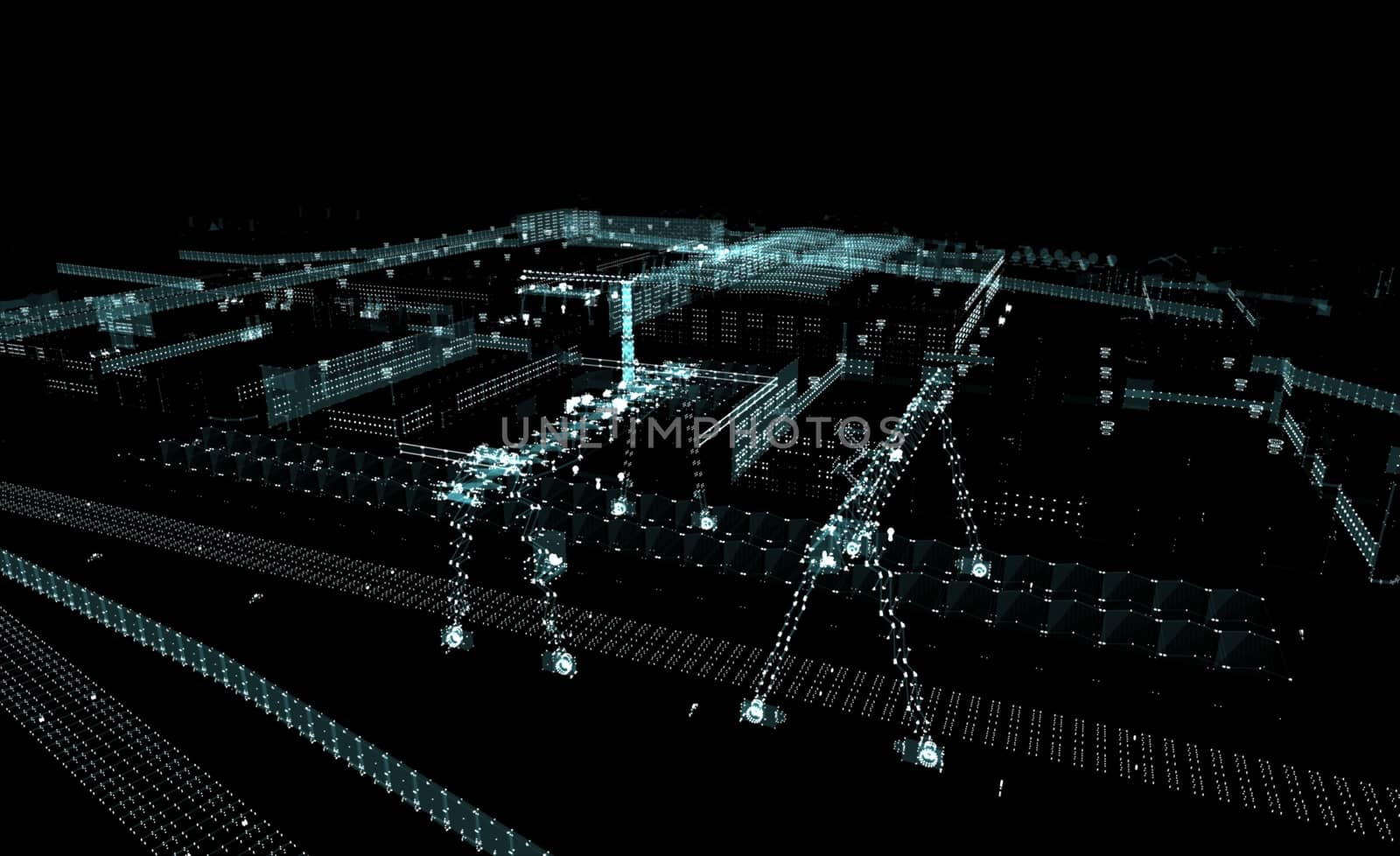 Abstract 3D rendered city of lines and dots with depth of field. Skyscrapers and roads on the streets of the city. The concept of the digital world. 3d illustration on a black background