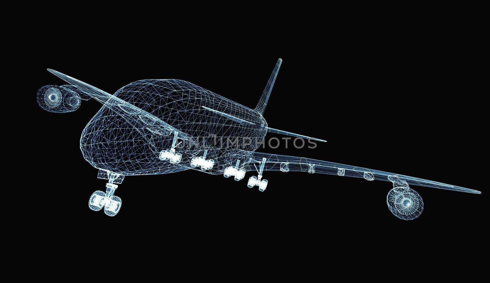 Abstract digital airplane consisting of luminous lines and dots. 3d illustration on a black background