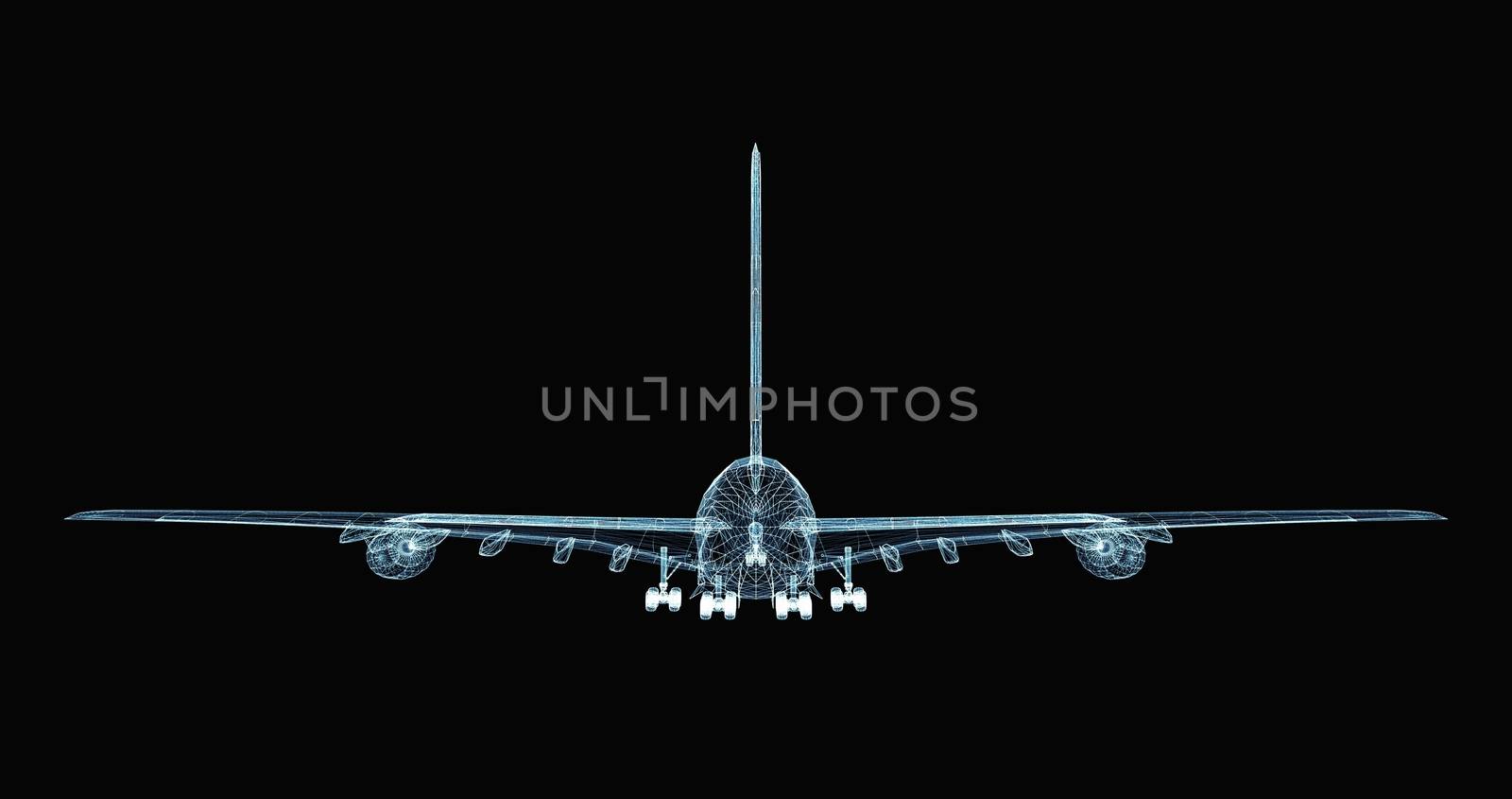 Abstract digital airplane consisting of luminous lines and dots. 3d illustration on a black background