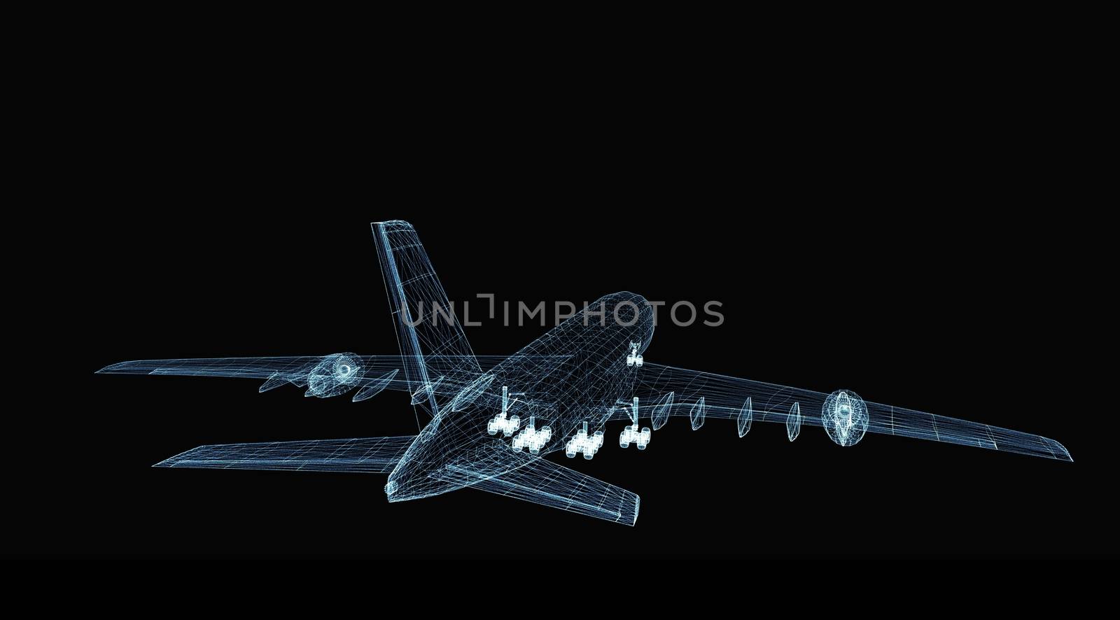 Abstract digital airplane consisting of luminous lines and dots. 3d illustration on a black background