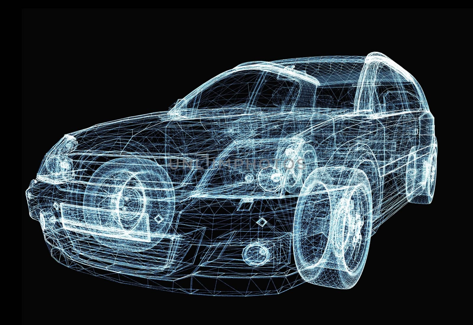 Abstract car consisting of luminous lines and dots. 3d illustration on a black background