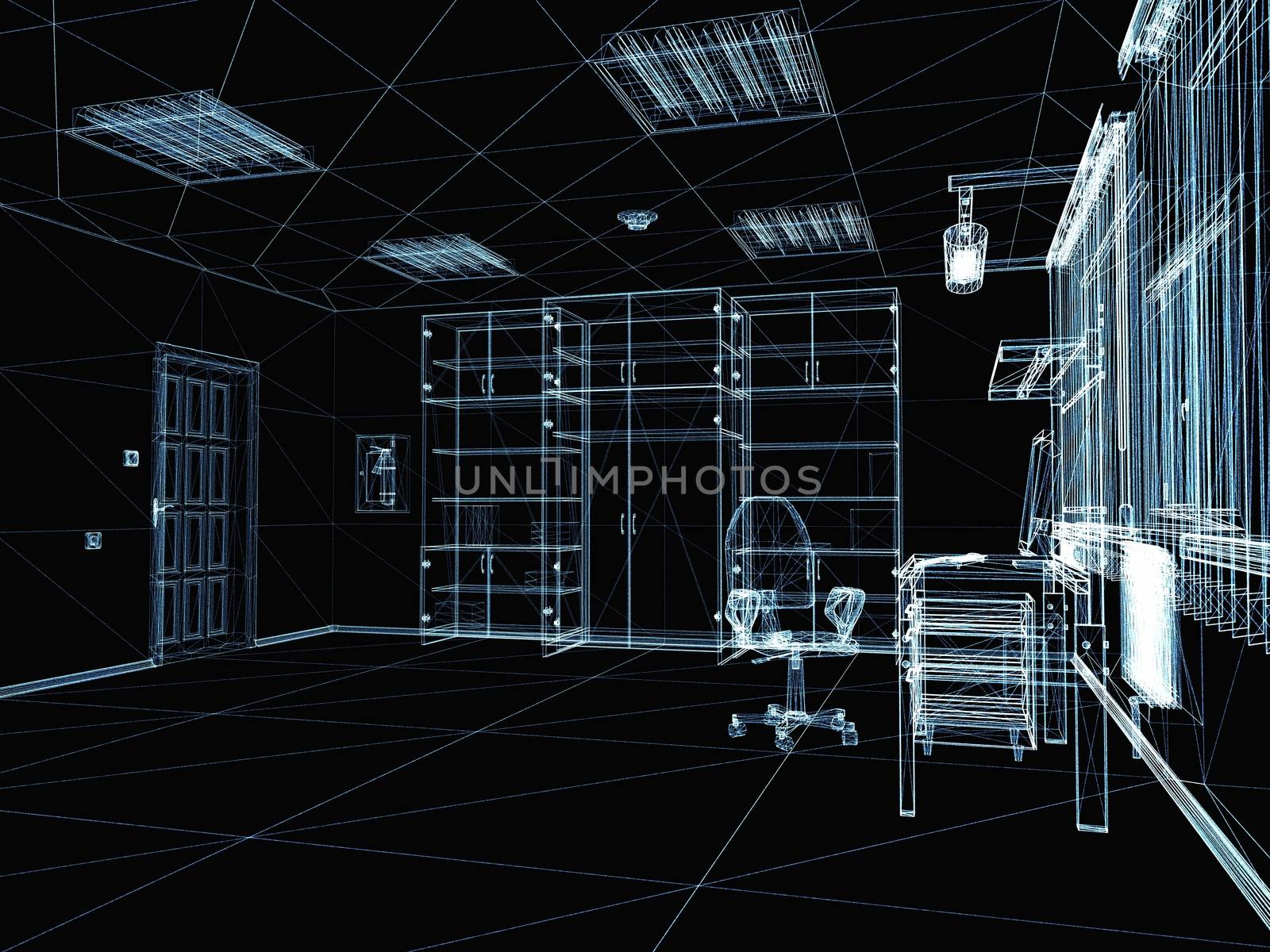 Abstract 3d interior with dots and blue buildings. Technology and connection concept. 3d illustration on black background
