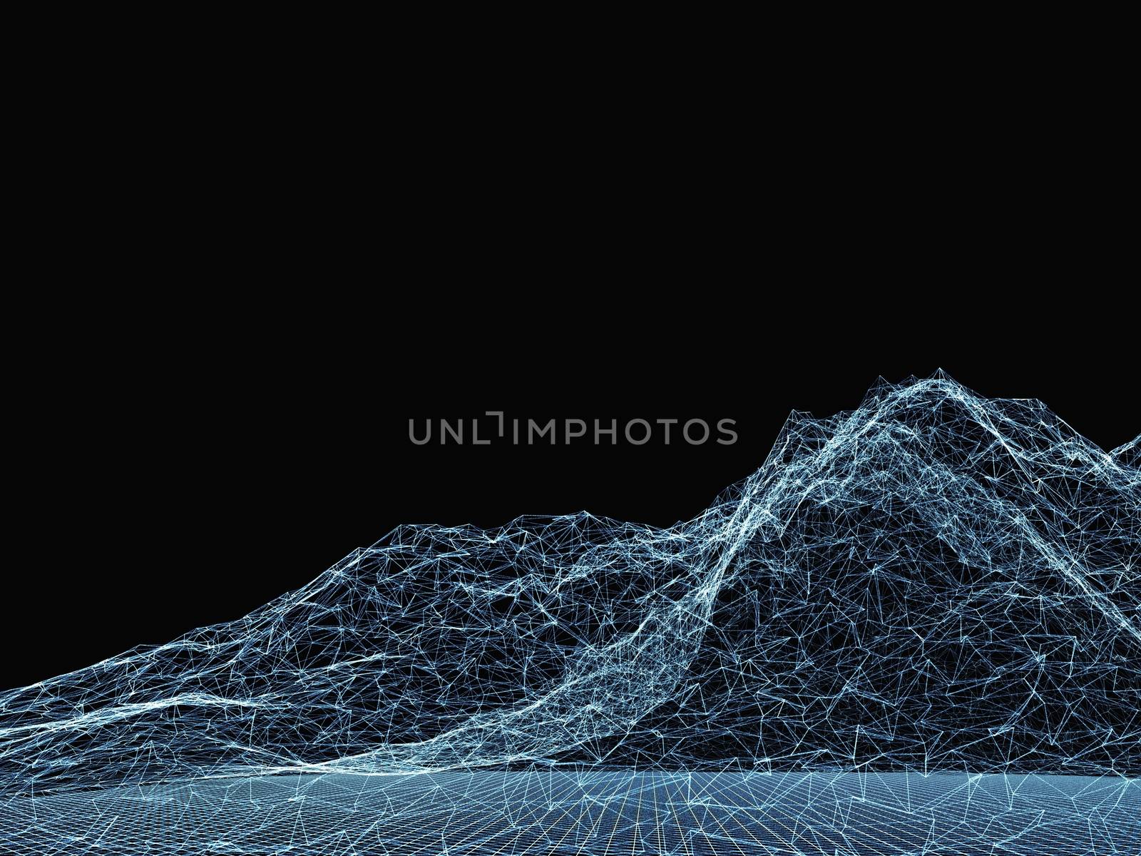 Abstract digital landscape with particles and plexus effect. 3d illustration on black background