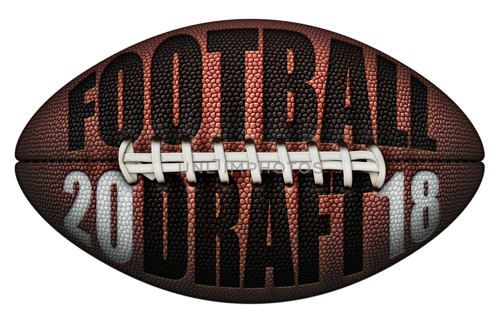 Digital illustration of a football with FOOTBALL DRAFT and 2018 embossed onto it. Includes a Clipping Path.