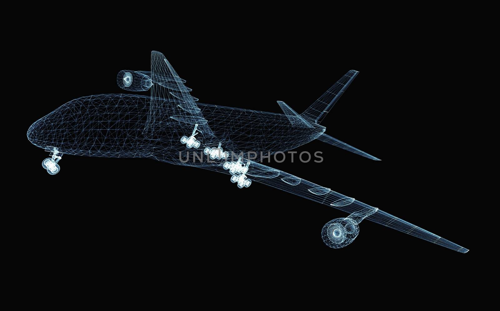 Abstract digital airplane consisting of luminous lines and dots. 3d illustration on a black background