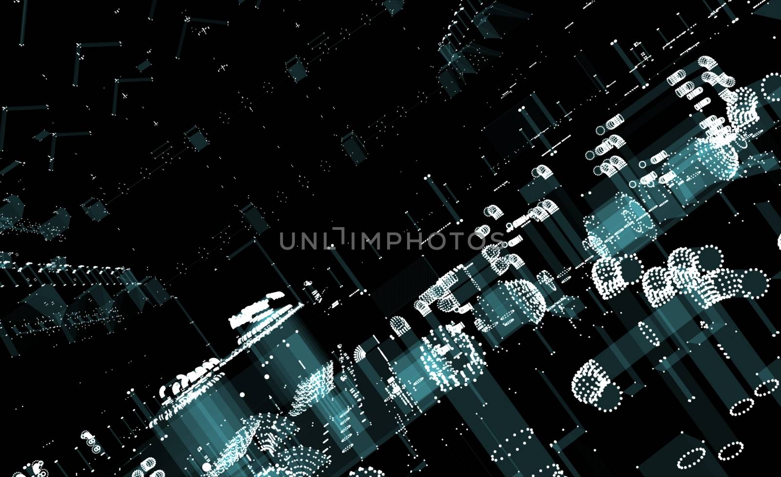 Abstract 3D rendered factory of lines and dots with depth of field. Skyscrapers and roads on the streets of the city. The concept of the digital world. 3d illustration on a black background