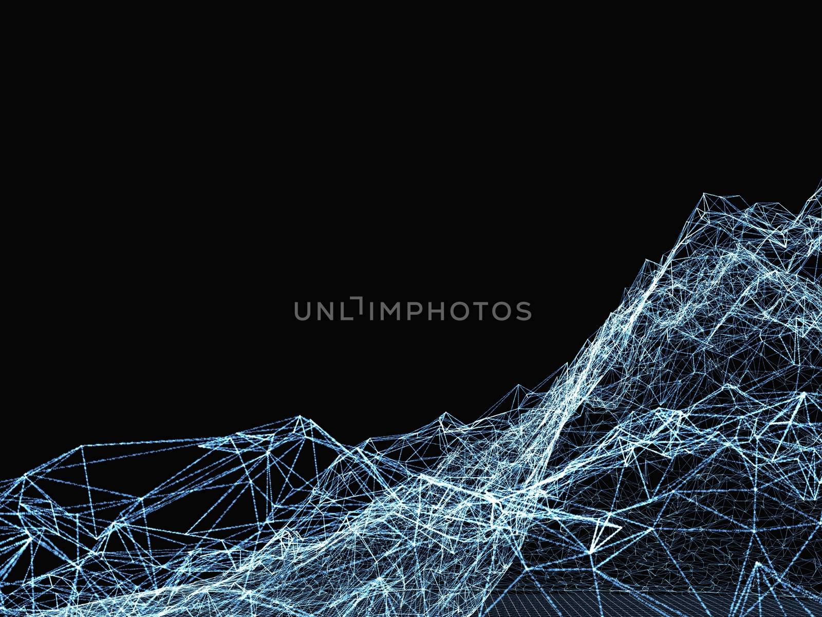 Abstract digital landscape with particles and plexus effect. 3d illustration on black background