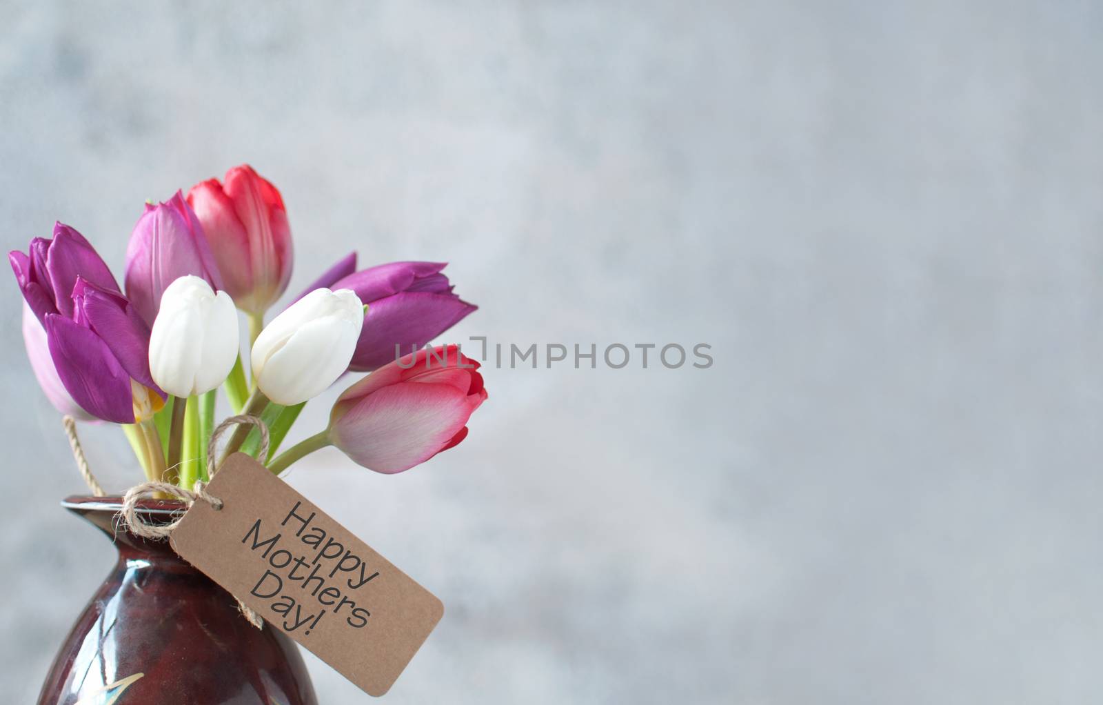 Mothers day gift label attached to selection of tulip flowers in a pot