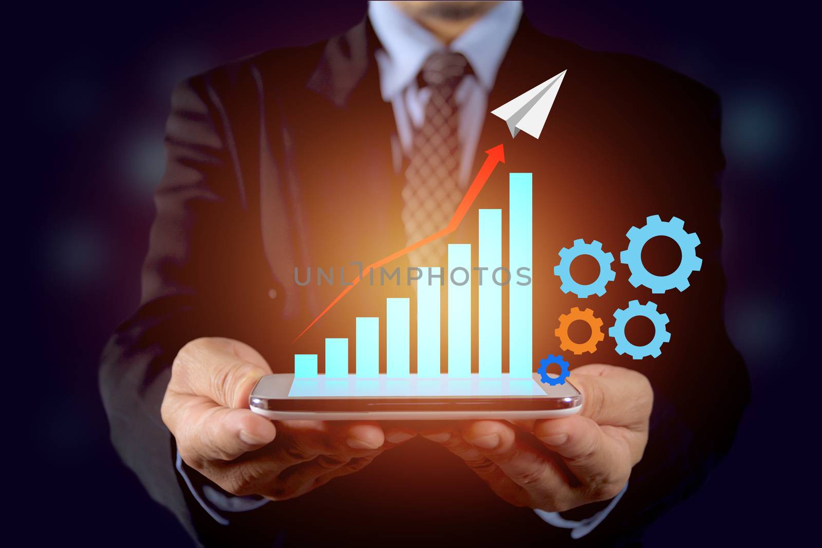 Double exposure stock financial indices with smart phone and businessman. Financial stock market in accounting market economy analysis. Hand holding smart phone blue touchscreen.