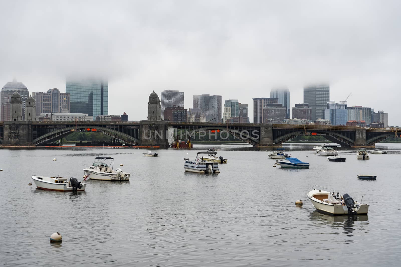 Skyline of downtown Boston with the fog, MA USA