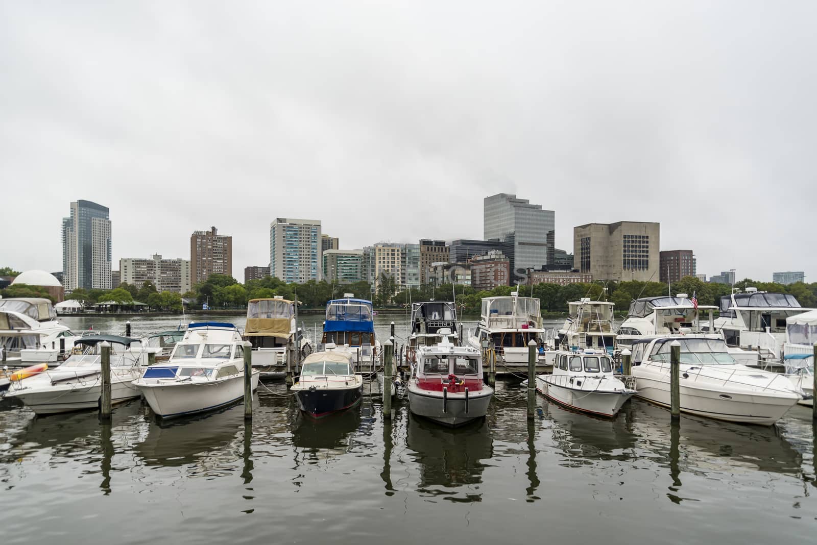 Skyline of downtown Boston with the fog, MA USA