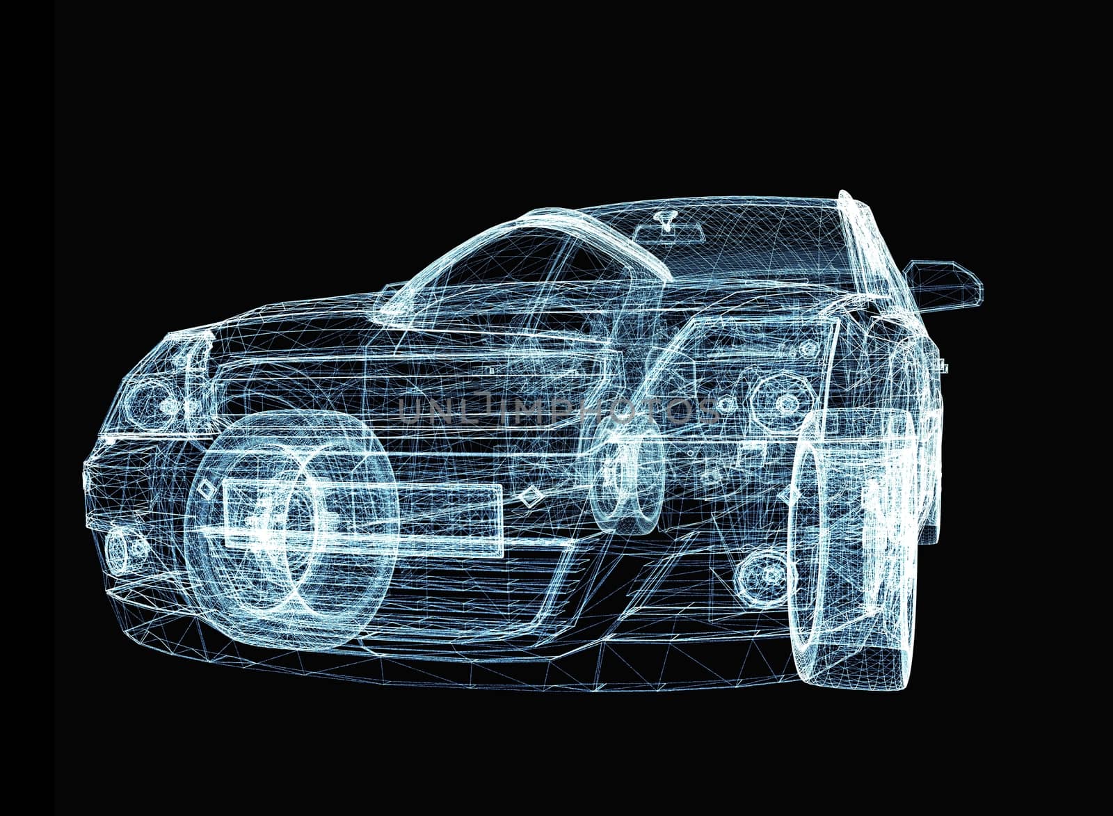 Abstract car consisting of luminous lines and dots. 3d illustration on a black background