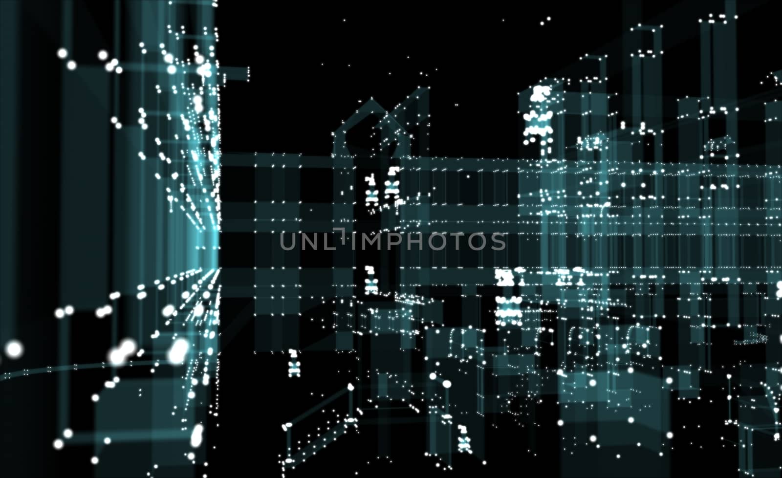 Abstract 3D rendered city of lines and dots with depth of field. Skyscrapers and roads on the streets of the city. The concept of the digital world. 3d illustration on a black background