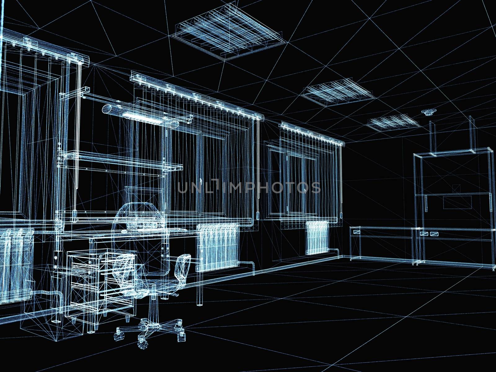 Abstract 3d interior with dots and blue buildings. Technology and connection concept. 3d illustration on black background