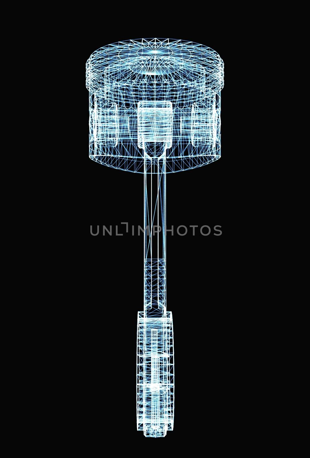 Engine piston consisting of luminous lines and dots. 3d illustration on a black background