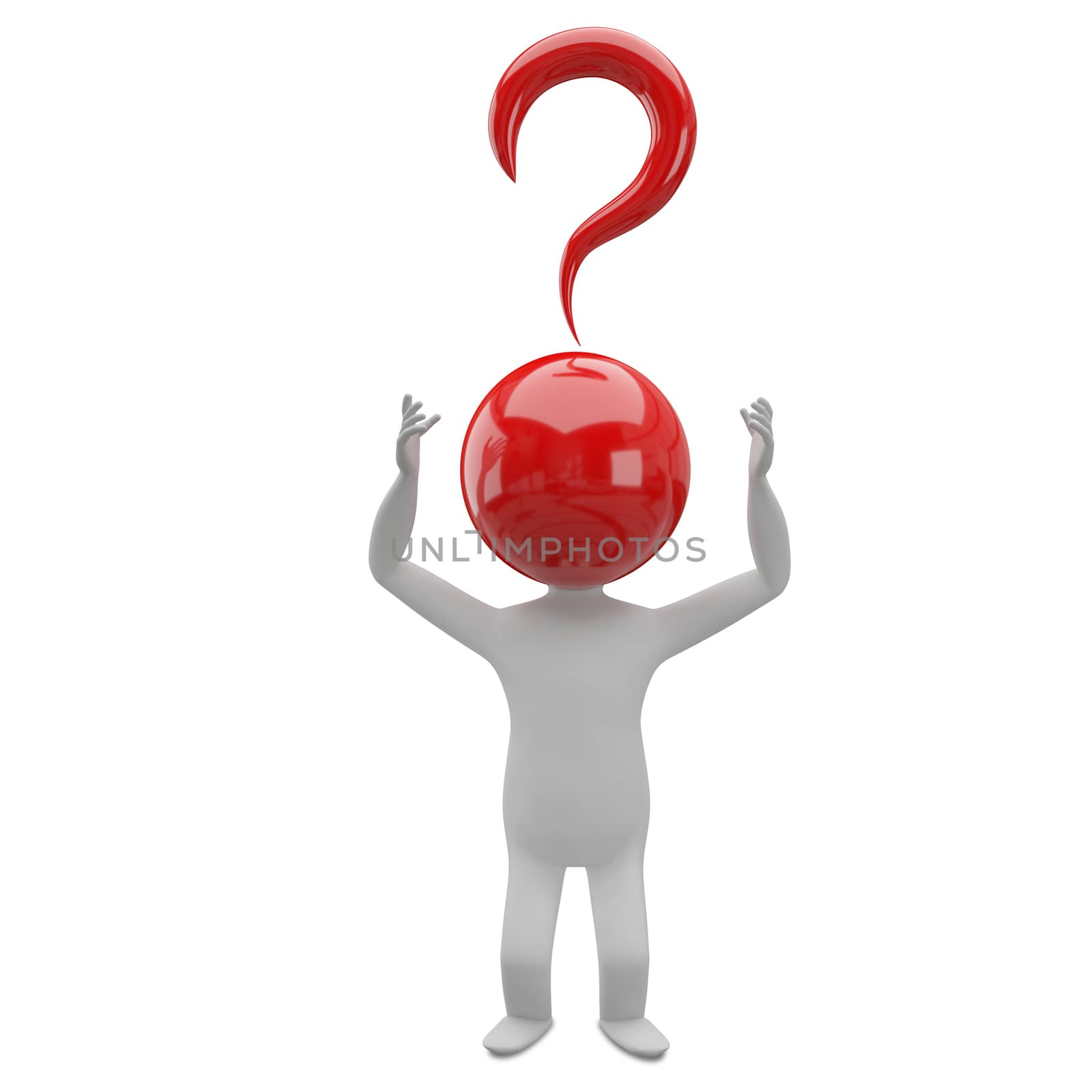 3D Illustration of an Abstract Man with a Head of a Question Mark on a White Background