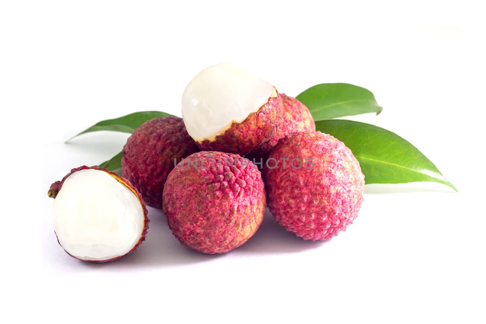 fresh fruit lychee with green leaf on white background, Asian sw by rakoptonLPN