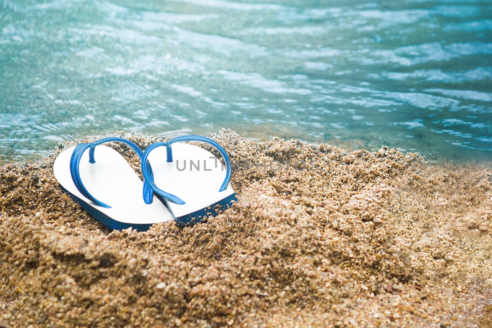 white and blue sandal on the sand beach, Summer holiday and vaca by rakoptonLPN