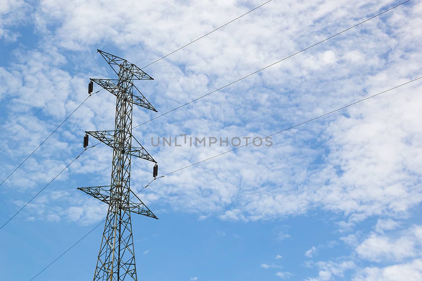 High voltage post, High-voltage tower at blue sky and cloud background, Power poles and various wiring, electric pole