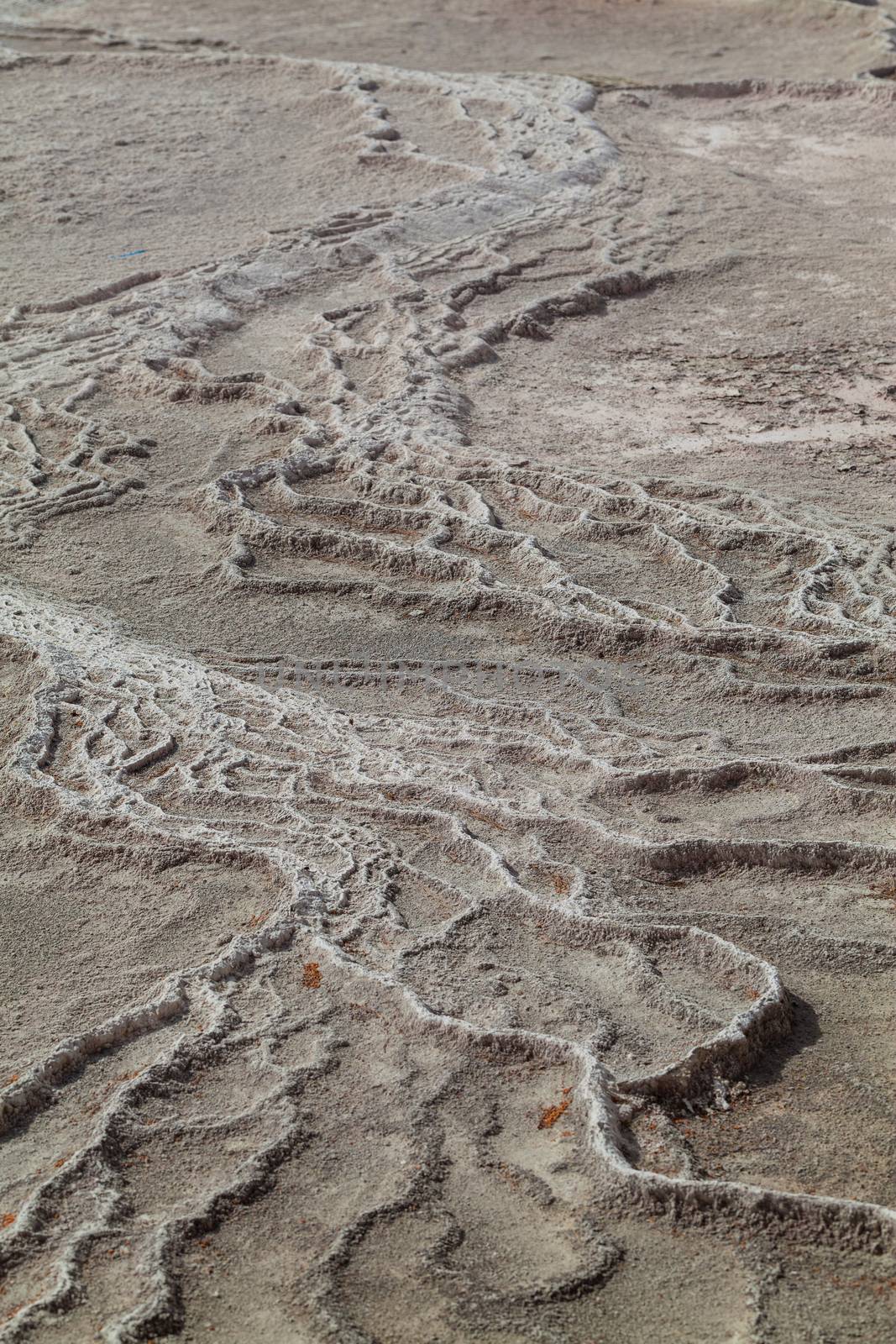 Relieved lines and patterns created in process of drying water with high amount of travertine.