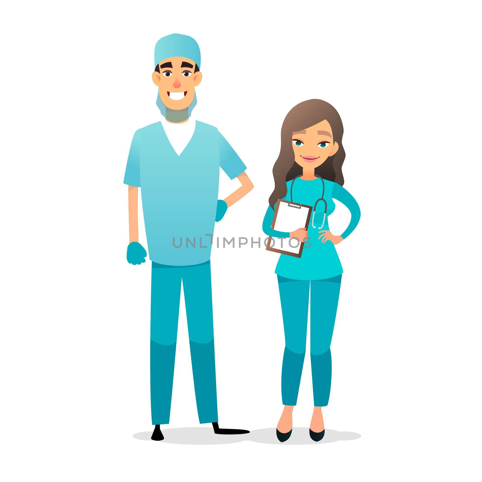 Doctor and nurse team. Cartoon medical staff. Medical team concept. Surgeon, nurse on hospital. Professional health workers. Flat characters isolated on white. by Elena_Garder