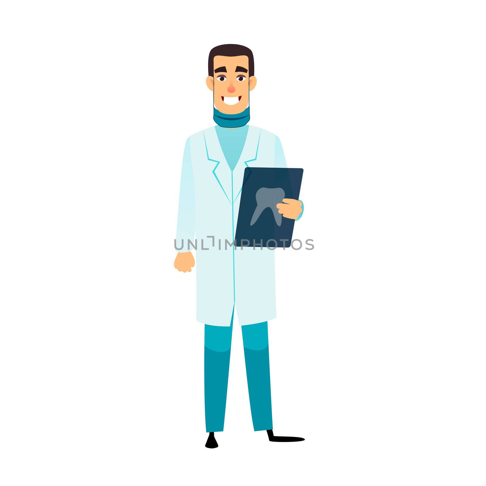 Dentist flat cartoon character. Stomatologist is holding an x-ray of the tooth. Doctor with radiograph. Dentist healthcare, profession, stomatology and medicine concept. by Elena_Garder