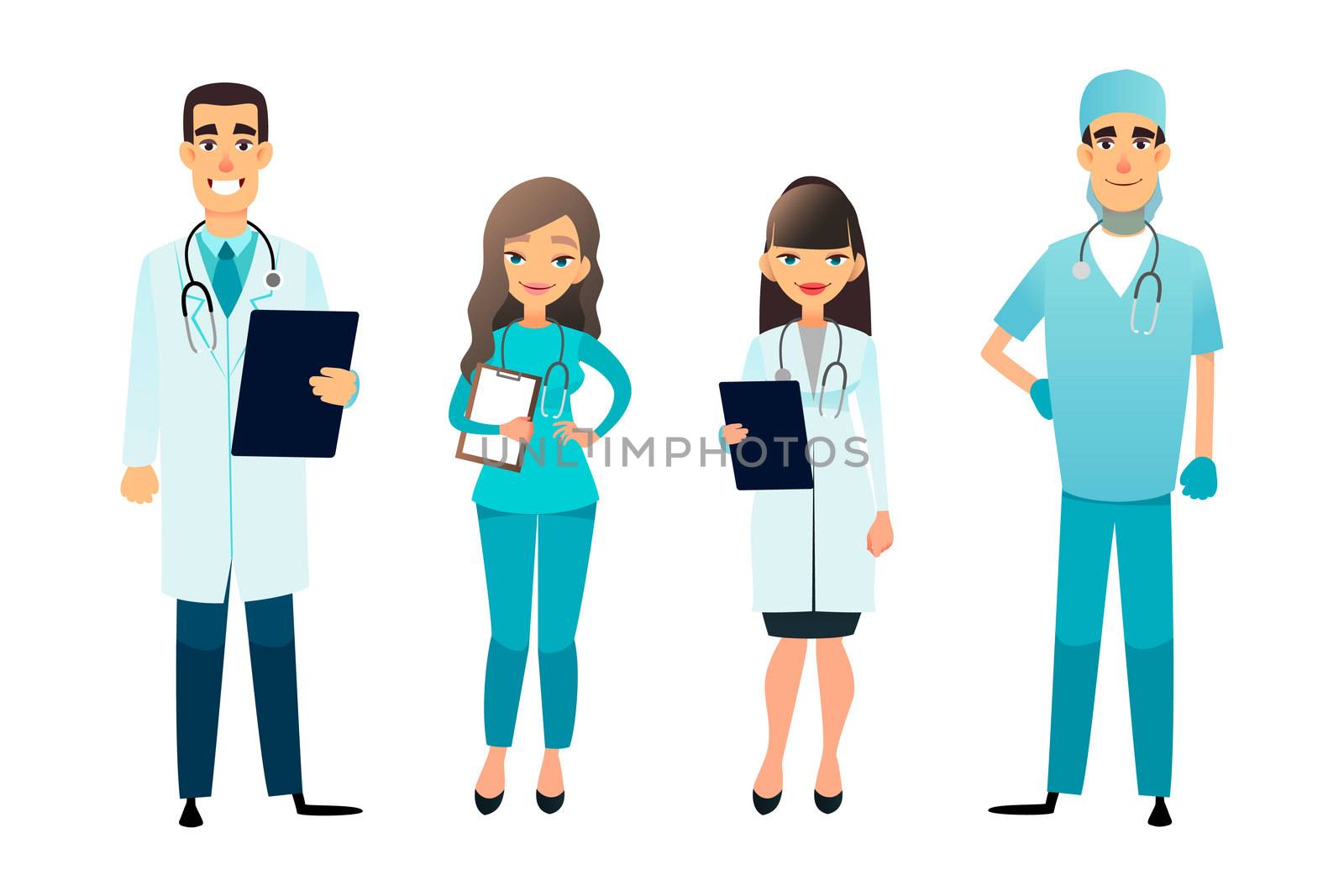 Doctors and nurses team. Cartoon medical staff. Medical team concept. Surgeon, nurse and therapist on hospital. Professional health workers