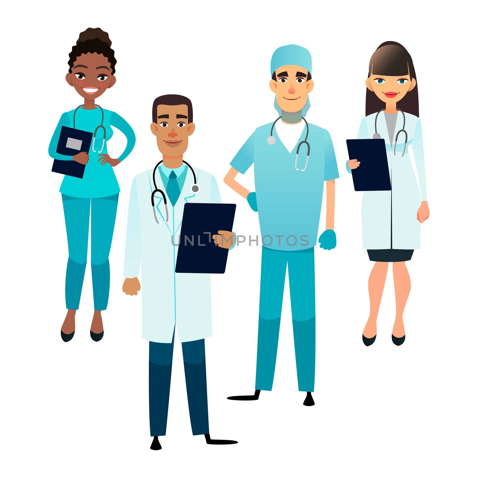 Doctors and nurses team. Cartoon medical staff. Medical team concept. Surgeon, nurse and therapist on hospital. Professional health workers by Elena_Garder
