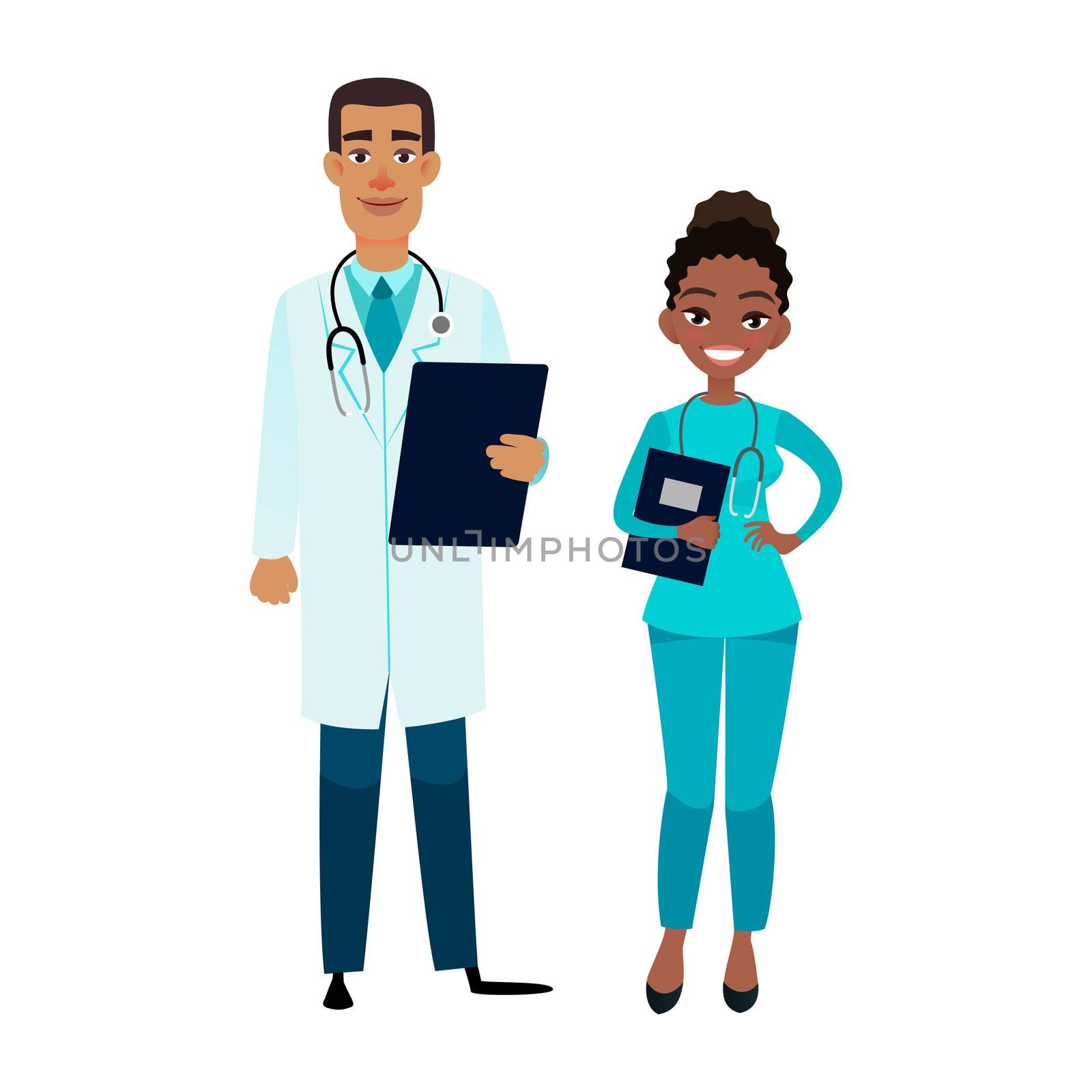 Cartoon african american doctor and nurse. Happy african male doctor with tablet and female assistant.