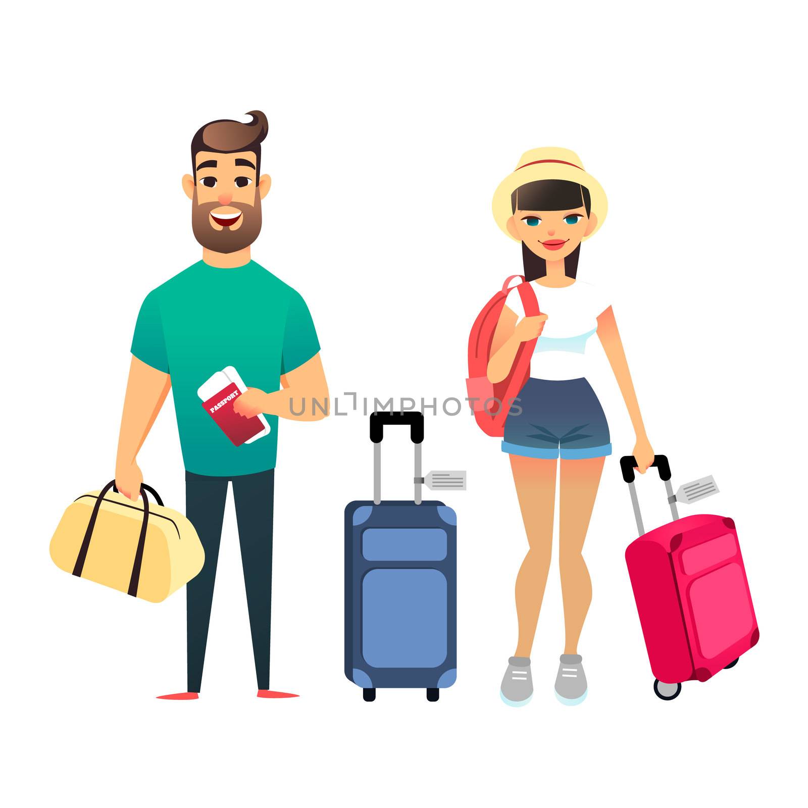 Travelling people waiting for airplane or train. Cartoon man and woman traveling together. Young cartoon couple go on vacation with suitcases and bags. Man holds Tickets and passports, girl holds backpack. Happy newlyweds leave on the sea resort. by Elena_Garder