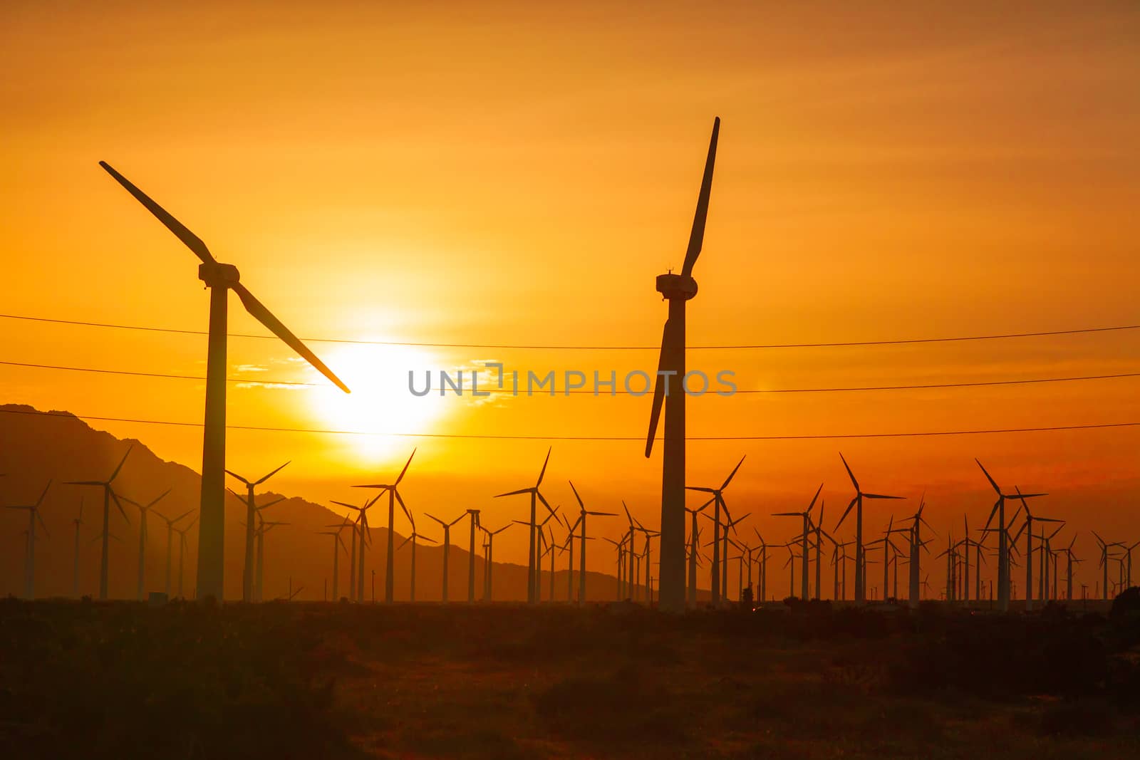Silhouetted Wind Turbines Over Dramatic Sunset Sky by Feverpitched